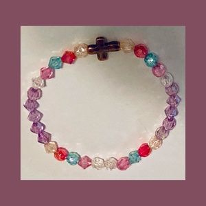 Handmade Multicolor Bicone and Round Bead Bracelet W/ Antique Gold Metal Cross